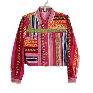 Minnie's Closet Medium Pink Patchwork Jacket Blazer Vtg Tapestry Whimsical Art